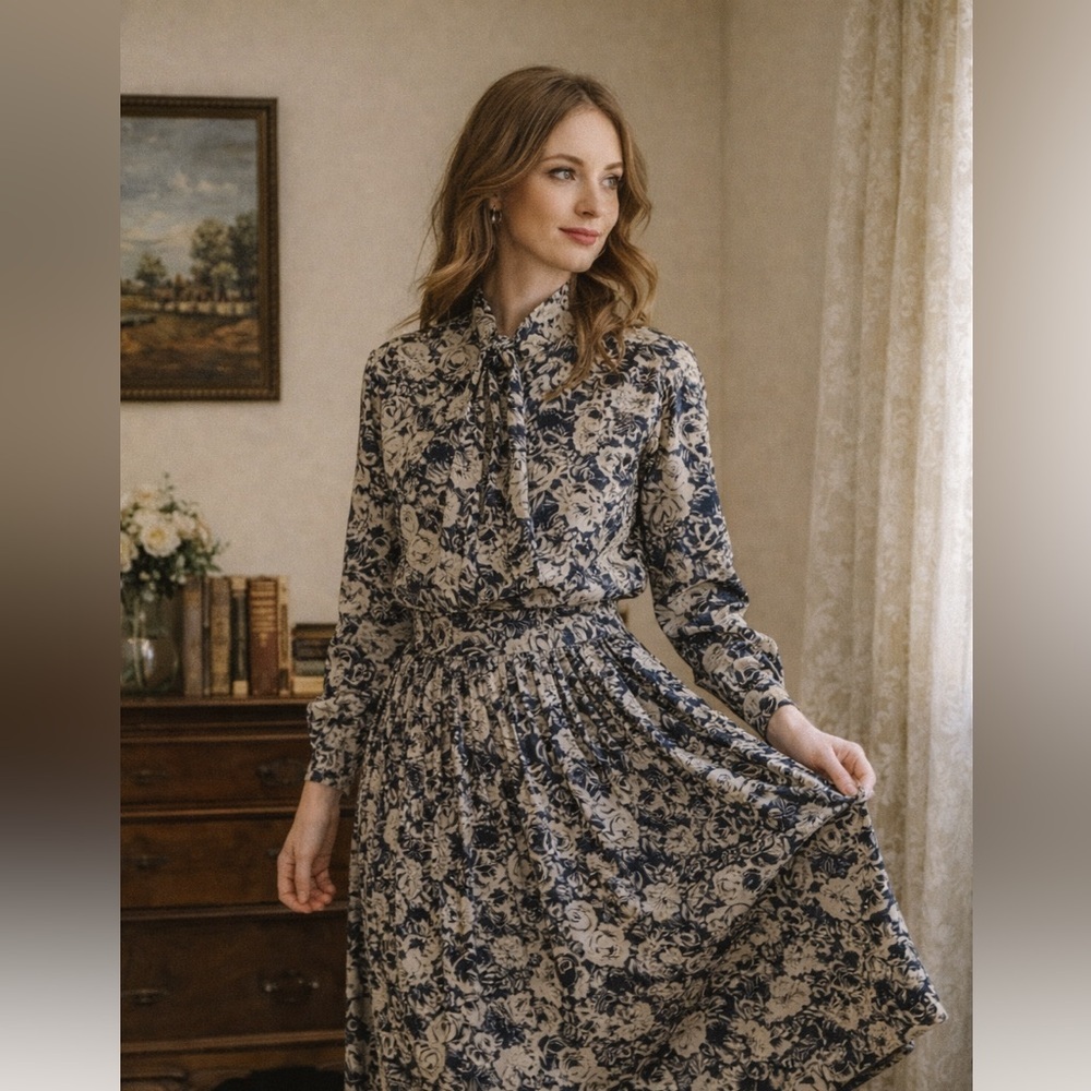 Vintage 80s Floral Prairie Set Secretary Dress Cottagecore Size 12 Russ